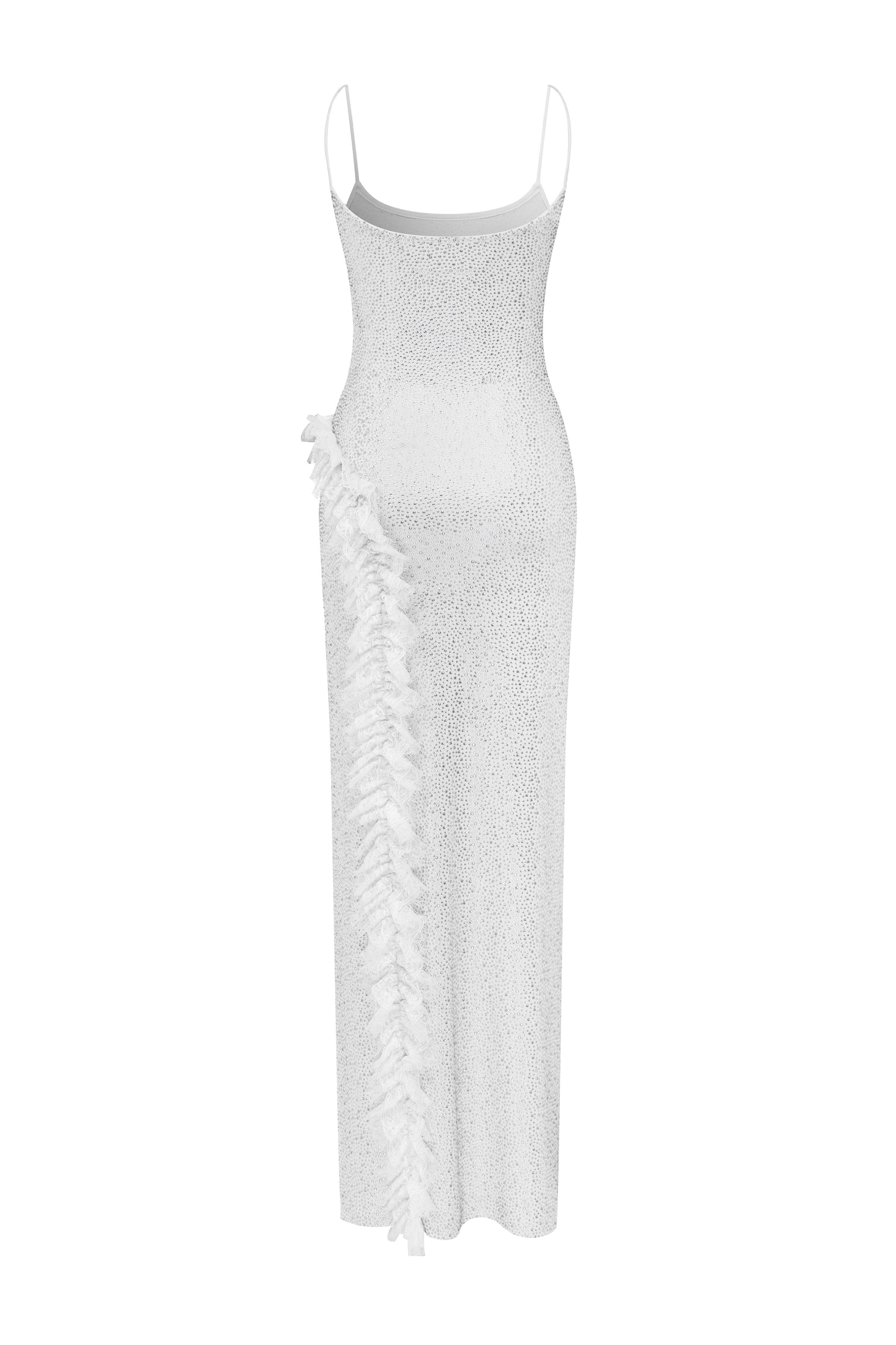 FULLY RHINESTONED MAXI DRESS WITH LACE RUFFLE DETAIL