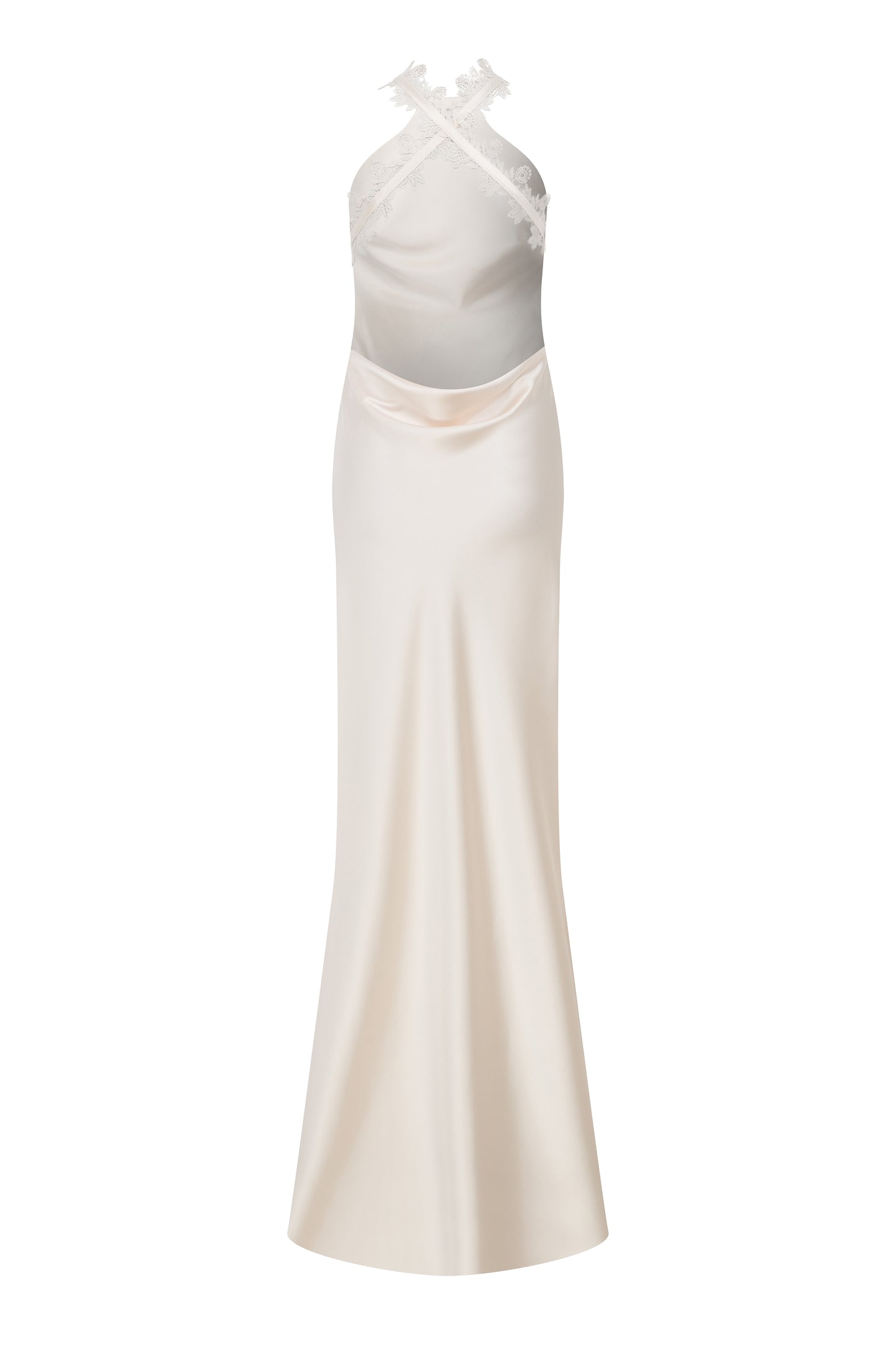 HALTER NECK MAXI SATIN DRESS WITH LACE TRIMMINGS