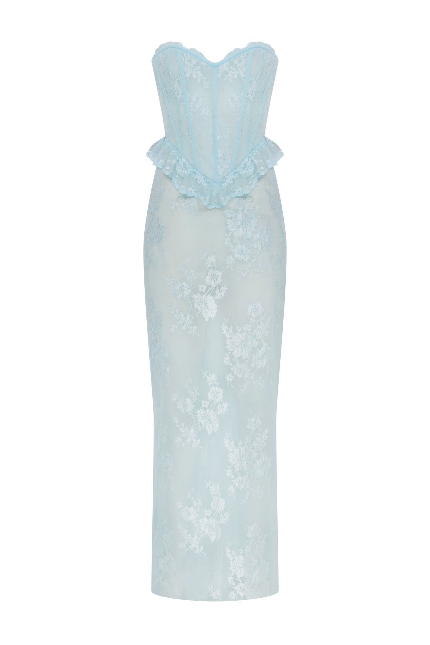 STRAPLESS CORSET MAXI LACE DRESS WITH TRAIN