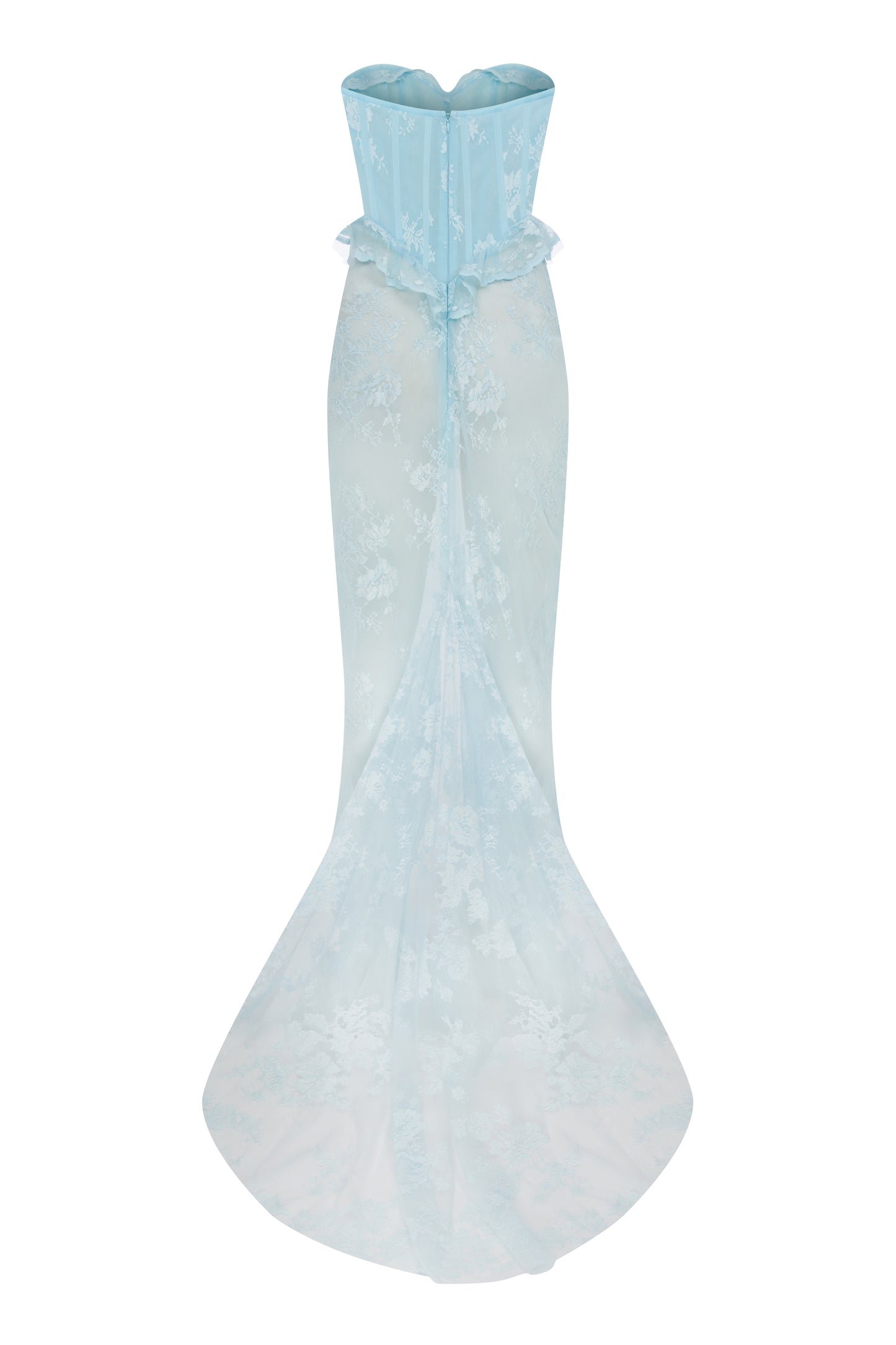 STRAPLESS CORSET MAXI LACE DRESS WITH TRAIN