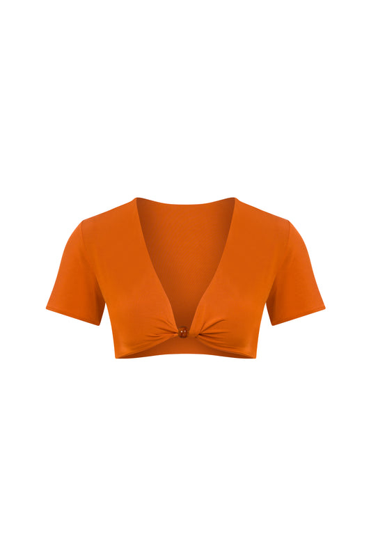 JERSEY CROP TOP WITH KNOT DETAIL IN CINNAMON BROWN