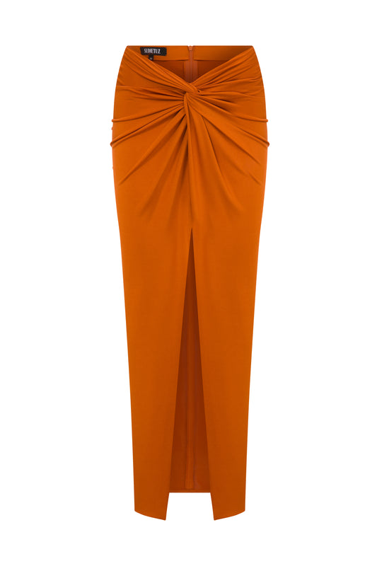 JERSEY MAXI SKIRT WITH KNOT DETAIL AND DEEP SLIT IN CINNAMON