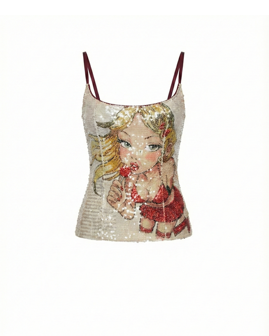 PRINTED SEQUIN STRAPS TOP