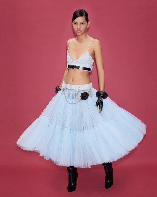MIDI LOW WAISTED TULLE SKIRT WITH TWEED WAISTBAND