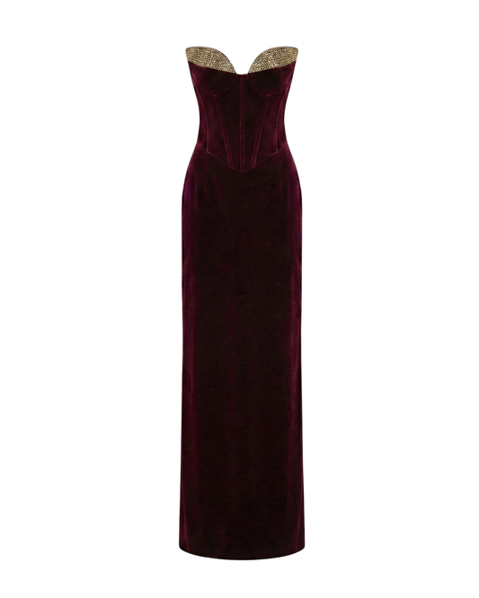 BURGUNDY VELVET CORSET MAXI DRESS