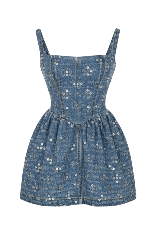 DENIM MINI DRESS WITH SEQUIN EMBELLISHMENTS