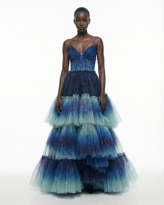 PRINTED TULLE GOWN