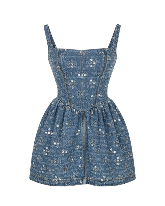 DENIM MINI DRESS WITH SEQUIN EMBELLISHMENTS