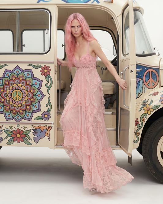 LACE & CHIFFON DRESS WITH 3D PRINTED CORSET BRA