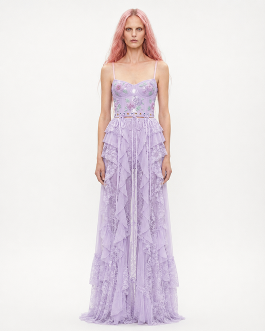 LACE & CHIFFON DRESS WITH 3D PRINTED CORSET TOP