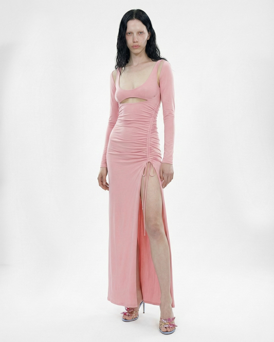 MAXI JERSEY DRESS WITH DEEP SIDE SLIT IN PINK