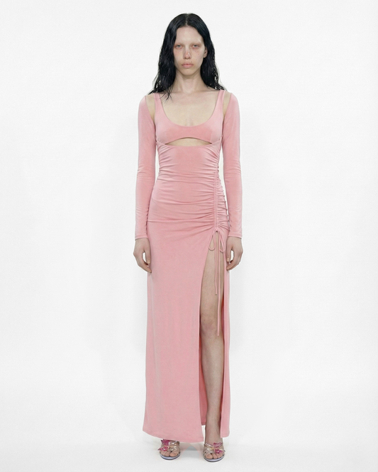 MAXI JERSEY DRESS WITH DEEP SIDE SLIT IN PINK