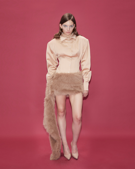 FAUX FUR MINI SKIRT WITH SIDE TRAIN DETAIL