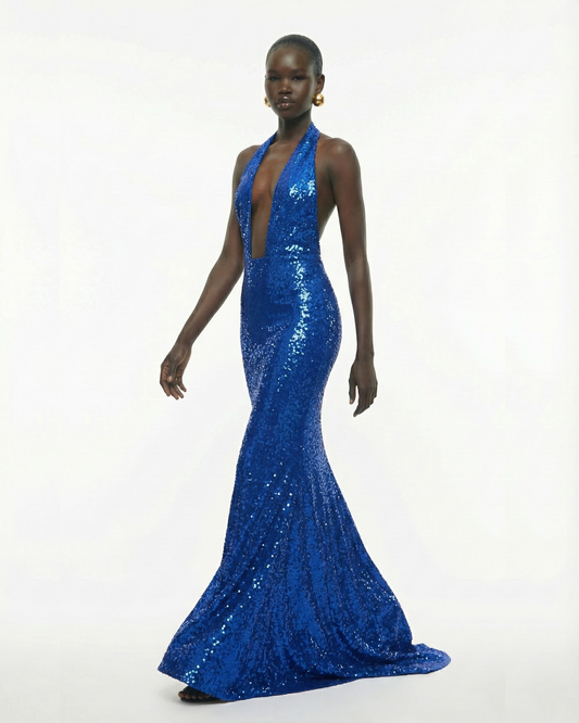 BACKLESS SEQUIN GOWN WITH TRAIN IN COBALT BLUE