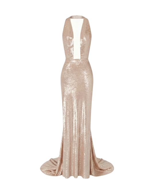 BACKLESS SEQUIN GOWN WITH TRAIN