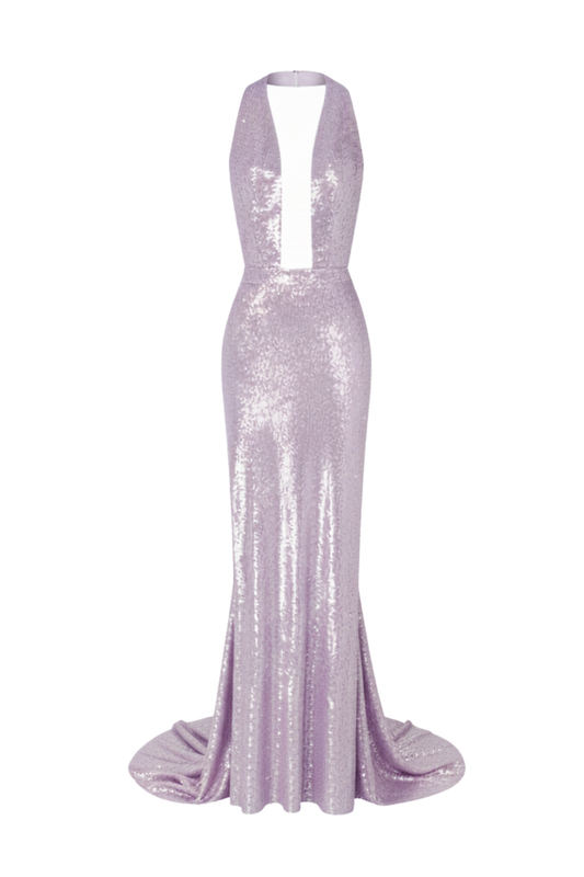 BACKLESS SEQUIN GOWN WITH TRAIN IN LILAC