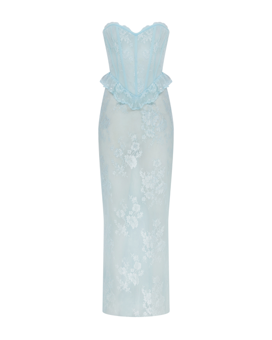 STRAPLESS CORSET MAXI LACE DRESS WITH TRAIN