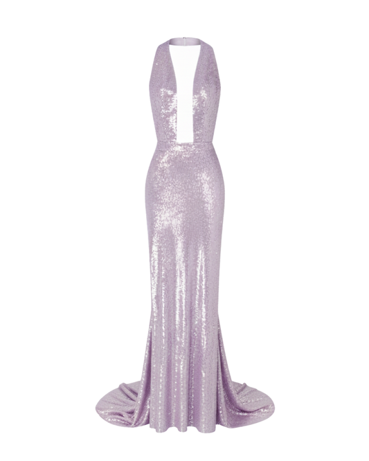 BACKLESS SEQUIN GOWN WITH TRAIN IN LILAC