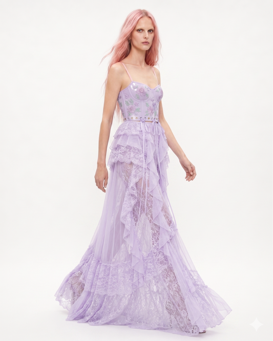 LACE & CHIFFON DRESS WITH 3D PRINTED CORSET TOP