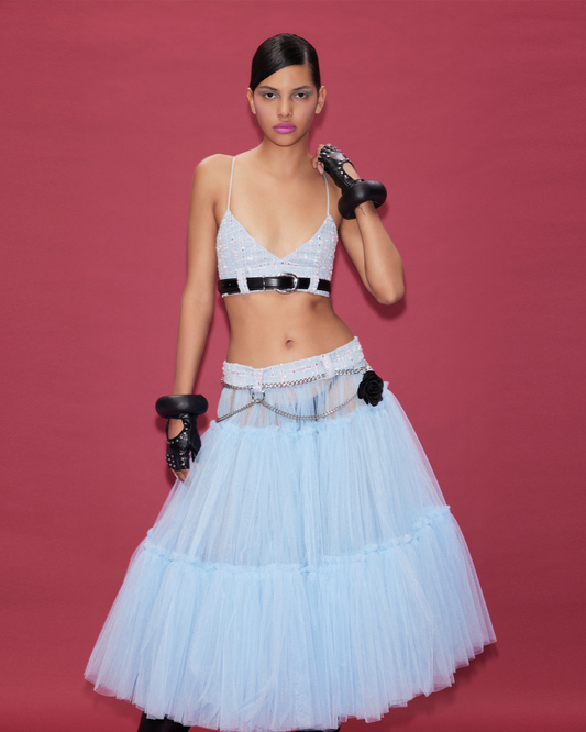 MIDI LOW WAISTED TULLE SKIRT WITH TWEED WAISTBAND