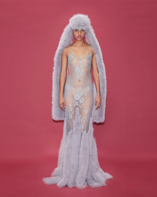 LACE MAXI DRESS WITH FAUX FUR TRIMMINGS