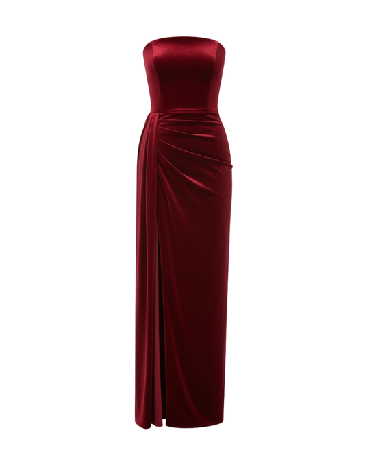 STRAPLESS RED VELVET DRESS WITH DEEP SLIT