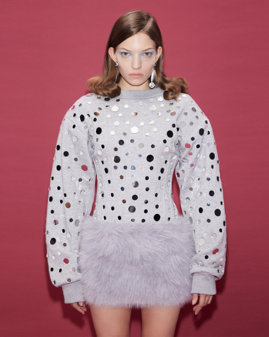 MINI MIRROR COVERED SWEATER DRESS WITH FAUX FUR SKIRT