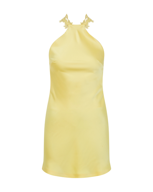 HALTER NECK MINI SATIN DRESS WITH LACE TRIMMINGS