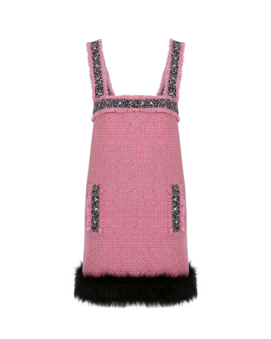TWEED MINI DRESS WITH RHINESTONE AND FAUX FUR TRIMMINGS