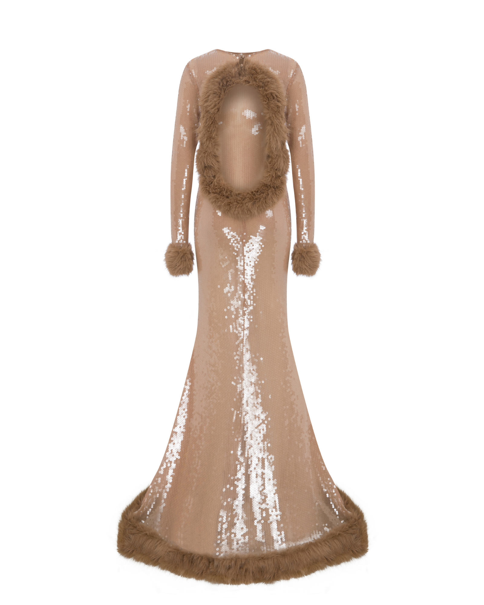 SHEER SEQUIN MAXI BACKLESS DRESS WITH FAUX FUR TRIMMINGS Sudietuz SHEER SEQUIN MAXI BACKLESS DRESS WITH FAUX FUR TRIMMINGS Sudietuz