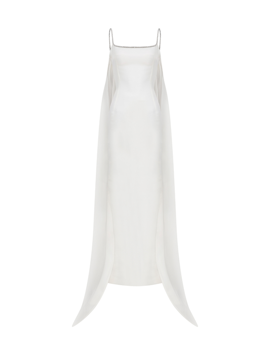 LIQUID ORGANZA SCULPTED DRESS WITH CAPE AT BACK