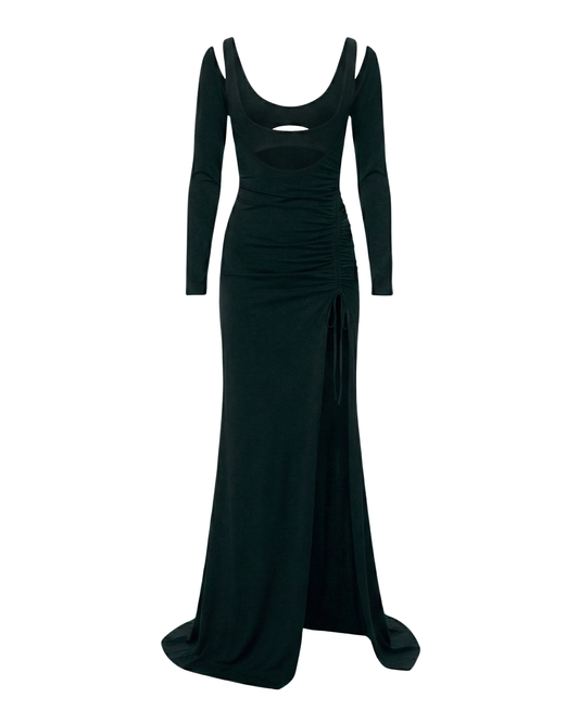 MAXI JERSEY DRESS WITH DEEP SIDE SLIT IN BLACK