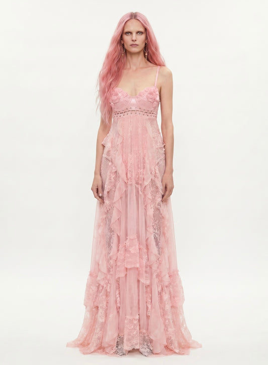 LACE & CHIFFON DRESS WITH 3D PRINTED CORSET BRA