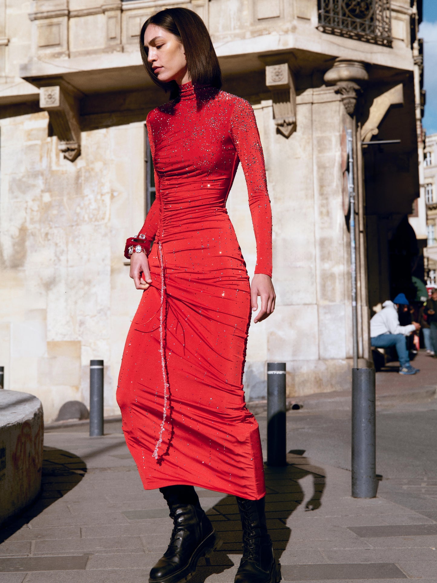 JERSEY MAXI DRESS WITH CRYSTAL ACCESSORIES & COVERED IN RHINESTONES