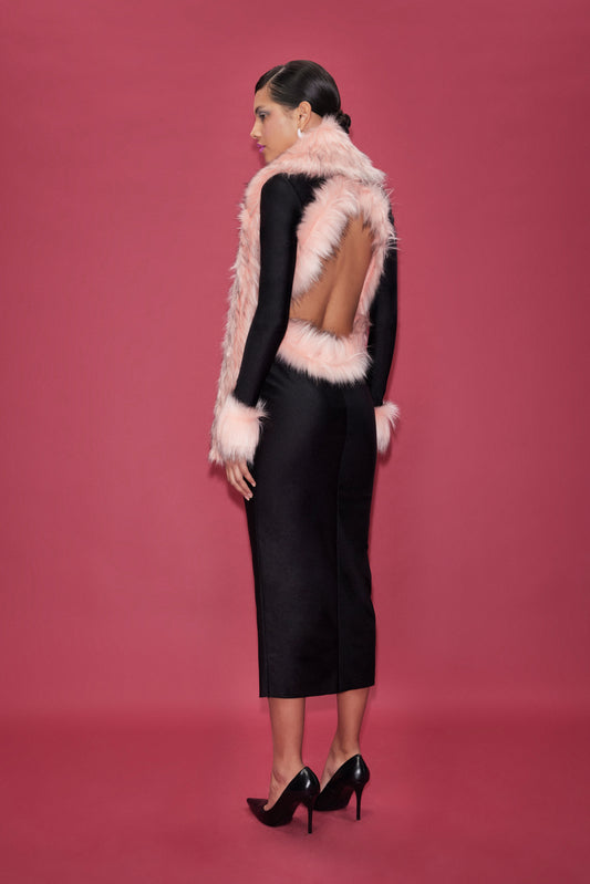 JERSEY MIDI BACKLESS DRESS WITH FAUX FUR TRIMMINGS