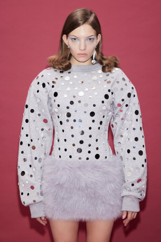 MINI MIRROR COVERED SWEATER DRESS WITH FAUX FUR SKIRT