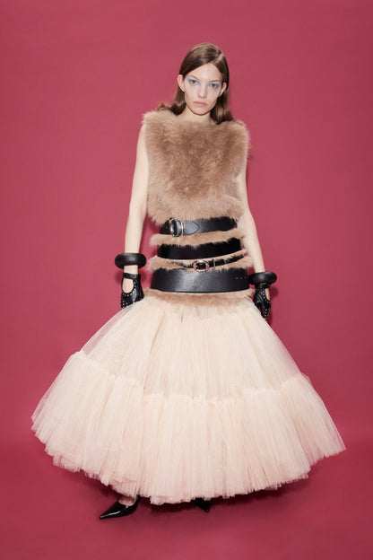 FAUX FUR AND TULLE MAXI GOWN