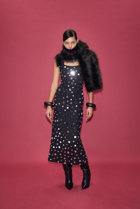 MIDI MIRROR COVERED DRESS WITH FAUX FUR STRAPS