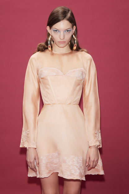 MINI SATIN ORGANZA DRESS WITH LACE TRIMMINGS