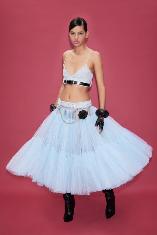 MIDI LOW WAISTED TULLE SKIRT WITH TWEED WAISTBAND