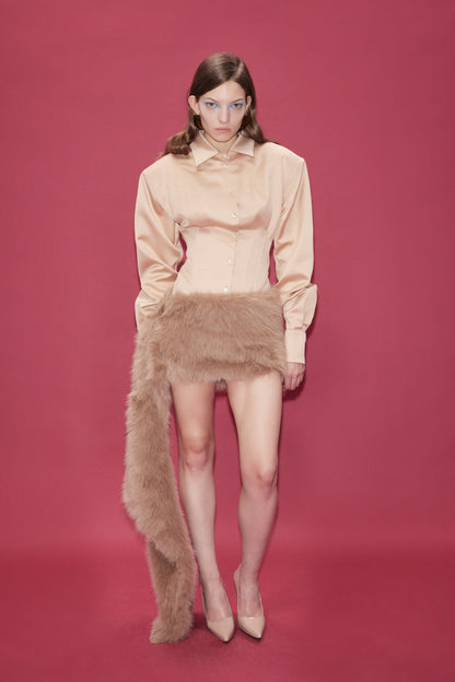 FAUX FUR MINI SKIRT WITH SIDE TRAIN DETAIL
