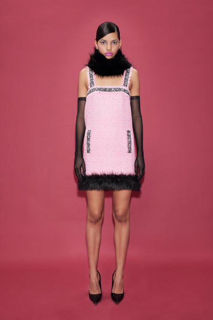 TWEED MINI DRESS WITH RHINESTONE AND FAUX FUR TRIMMINGS