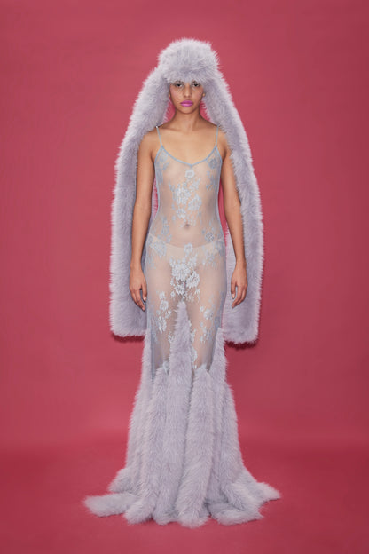 LACE MAXI DRESS WITH FAUX FUR TRIMMINGS