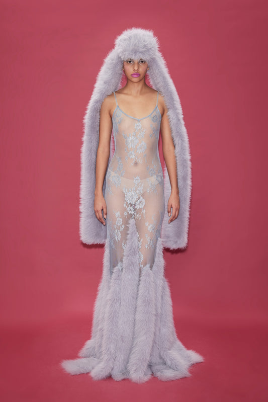 LACE MAXI DRESS WITH FAUX FUR TRIMMINGS