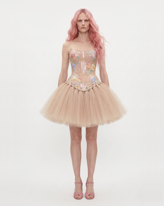 3D PRINTED CORSET DRESS WITH TULLE SKIRT