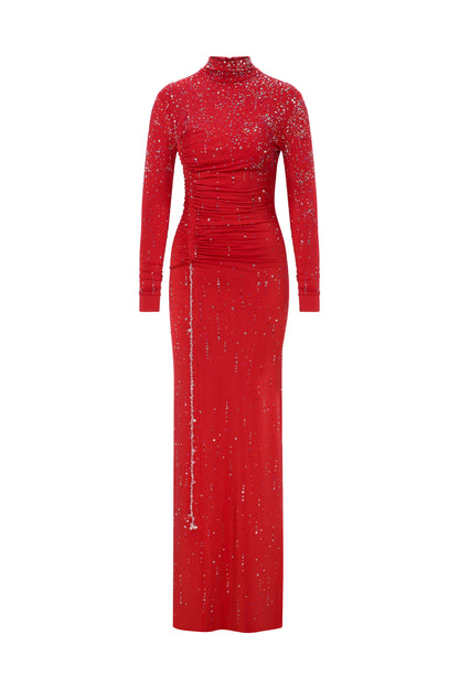 JERSEY MAXI DRESS WITH CRYSTAL ACCESSORIES & COVERED IN RHINESTONES