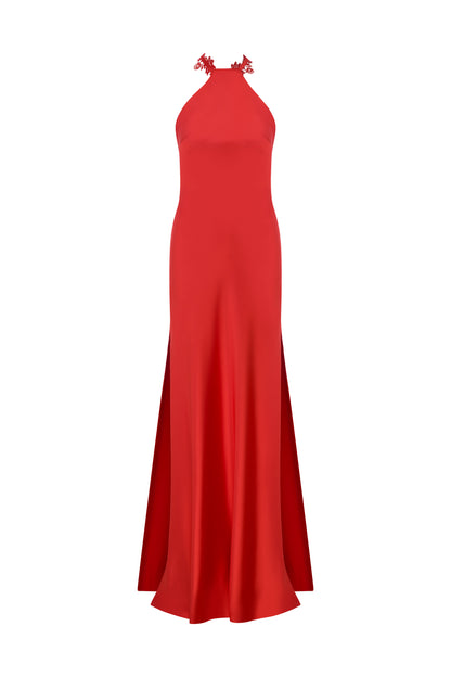 HALTER NECK MAXI SATIN DRESS WITH LACE TRIMMINGS