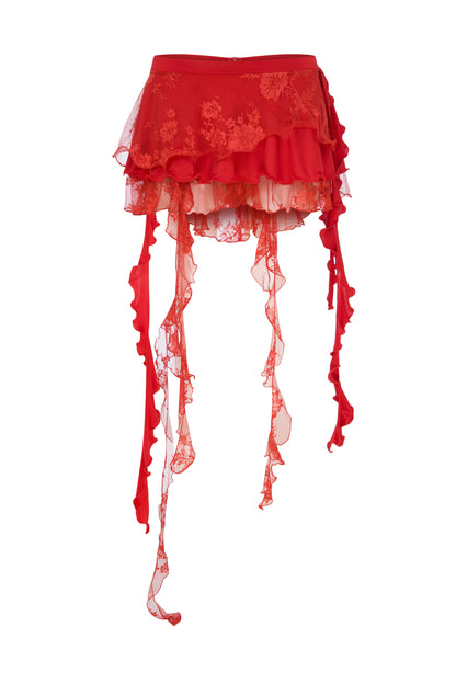 LACE & JERSEY MINI RUFFLED SKIRT