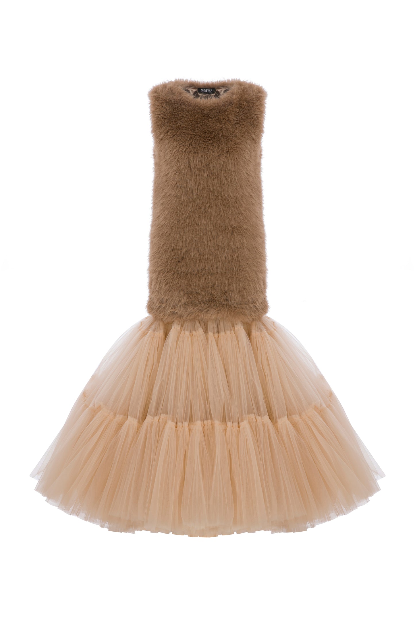 FAUX FUR AND TULLE MAXI GOWN