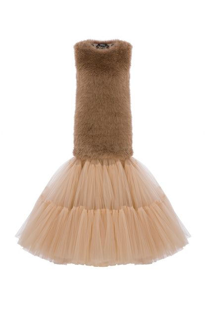 FAUX FUR AND TULLE MAXI GOWN